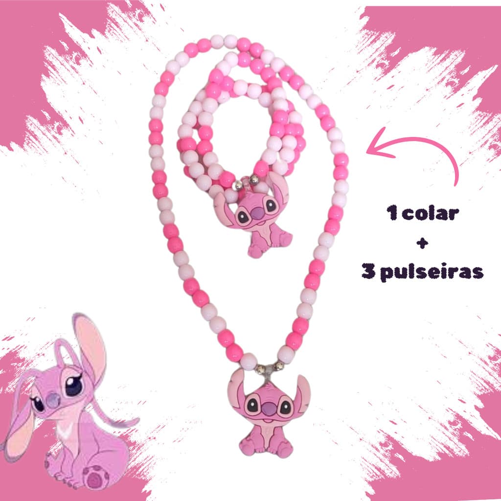 Kit Colar E Pulseira De Miçanga Pingente Do Stitch Rosa