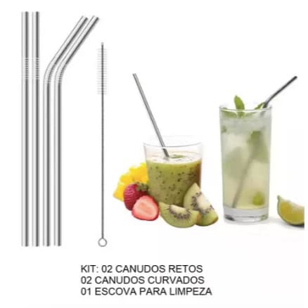 Kit com 4 Canudos em Aço Inox Reutilizável sendo 2 Retos e 2 Curvados + Escova Higiênica