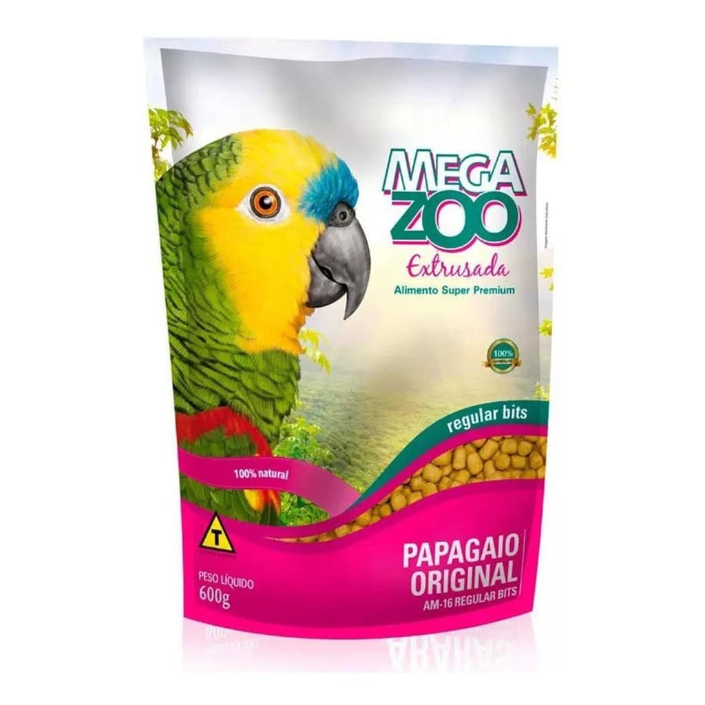 Ração Megazoo Papagaios Frutas e Legumes 600g Super Premium Extrusada Alimento Completo