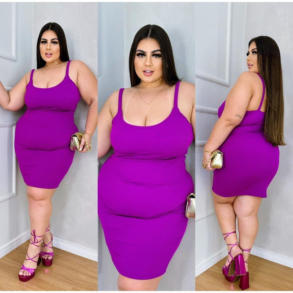 Vestido Canelado Plus Size Alça Midi Feminino Primavera/Verão Tubinho Alcinha Preto