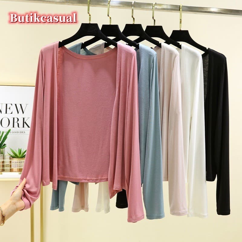 Mulheres Manga Longa cardigan Simples Modal Algodão Verão Novo Fino Solto Elasticidade Confortável Topo