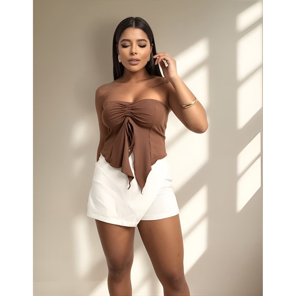 Cropped Ribana Gringa Tomara Que Caia Detalhe Tira Frufru Blusa Bico Assimétrica