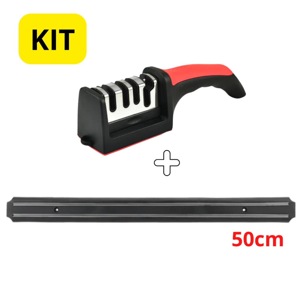 Kit Barra com Imã + Afiador de faca Tesoura Cozinha Ferramenta Suporte Magnetica Churrasco Amolador
