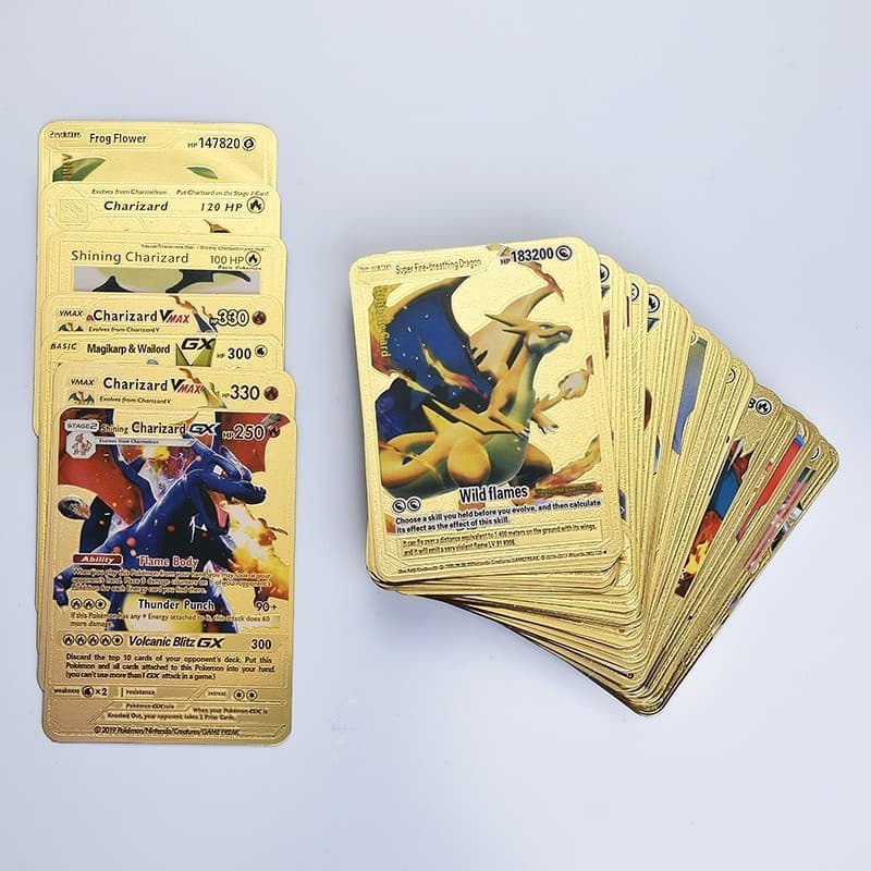 54 peças de brinquedos de batalha da versão em inglês do Charizard, feitos de ouro 18 quilates e prata preta, para crian