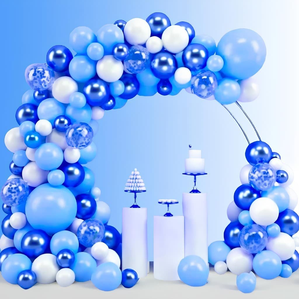 Kit 175 Balões Azul Claro + Branco + Cristal N°7 + (Confete) + Azul Escuro Cromado N°5 + Fitas Balão Bexiga Liso Festas
