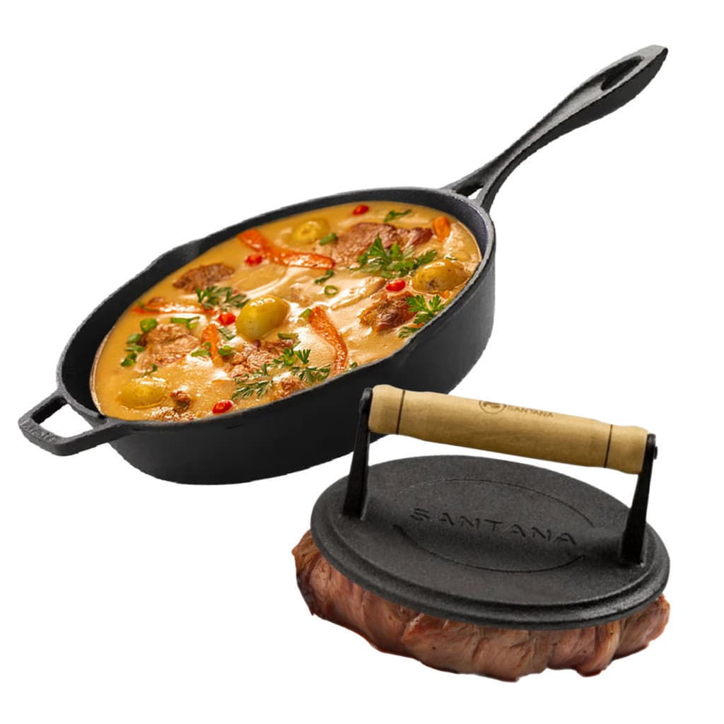 Kit Frigideira de Ferro Fundido 28 cm + Prensador Amassador de Bife de Hamburguer Redondo Santana