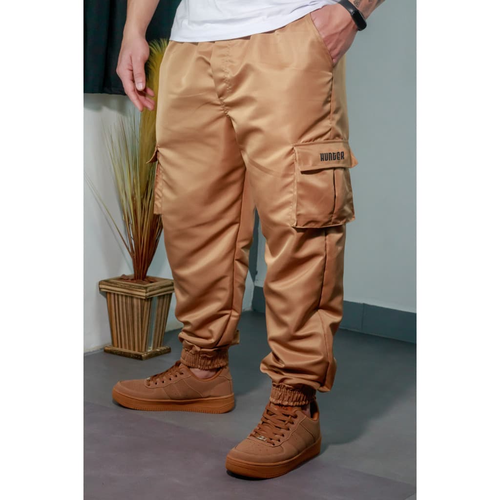 Calça Jogger Cargo Corta Vento Combat Masculina Bege Skate