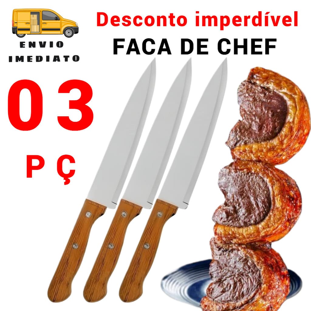 Faca Aço Inox Cabo Madeira Picanha Legumes Tamanho 30,5 CM Chef Restaurante Buffet Casa Bar Aço Inoxidável Atacado