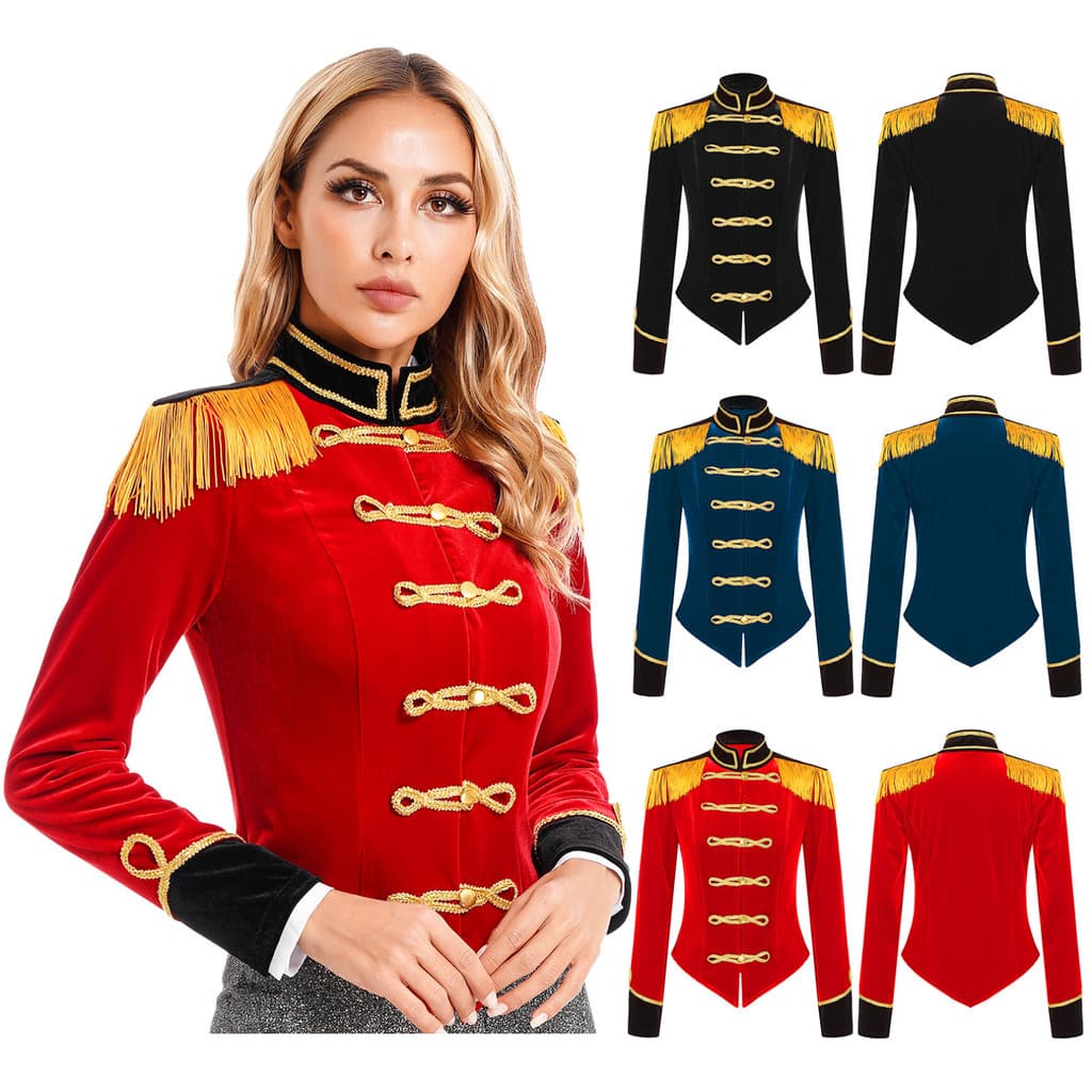 MSemis Womens Circus Ringmaster Costume Halloween Cosplay Costume Stand Collar Fringed Shoulder Board Velvet Jacket Coat
