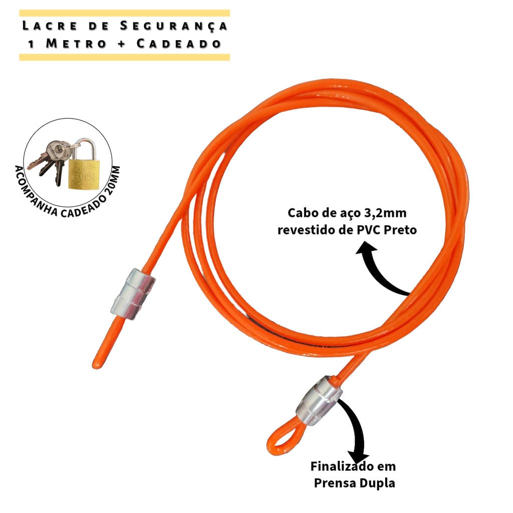 1  Lacre de Segurança Multiuso 1 Metro + 1 Cadeado 20mm - Trava Porta Bolsa Bike Gopro