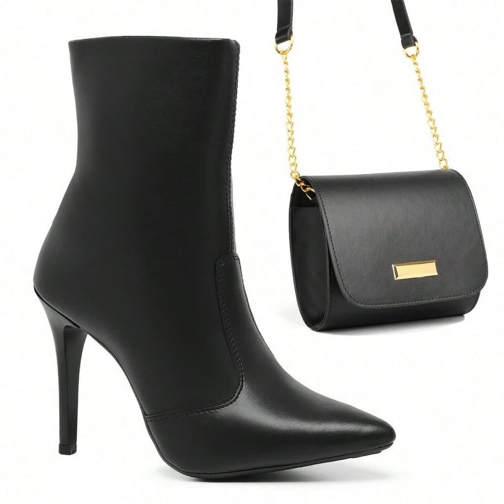 Kit Bota Feminina Salto Alto Bico Fino Macia De Couro Com Zíper Lateral + Bolsa Transversal Feminina
