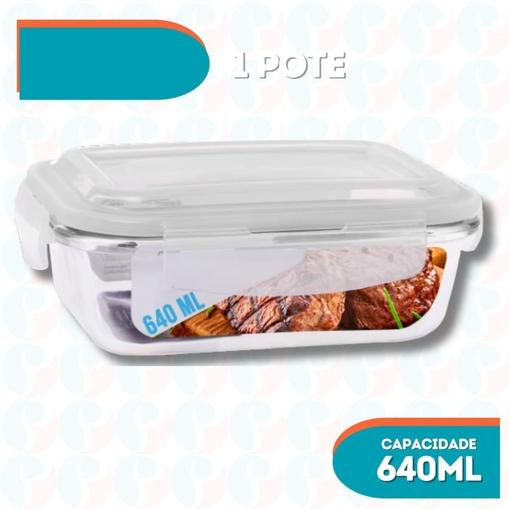 Pote Tampa Hermetico 4 Travas Retangular Vidro Marmita 640ml