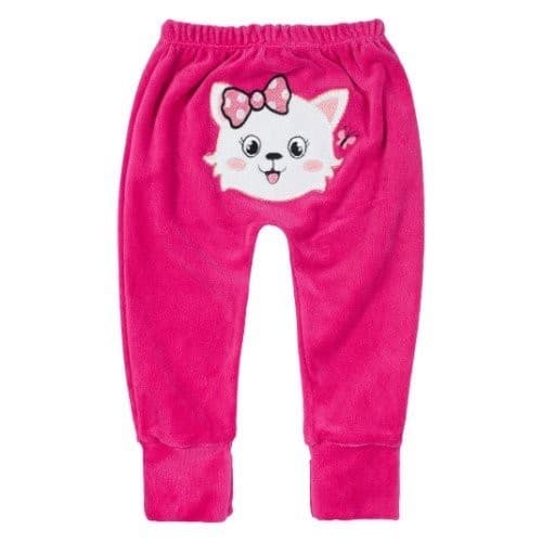 Calça Plush Bebê Pé Reversível Bumbum Bordado Gatinha Pink