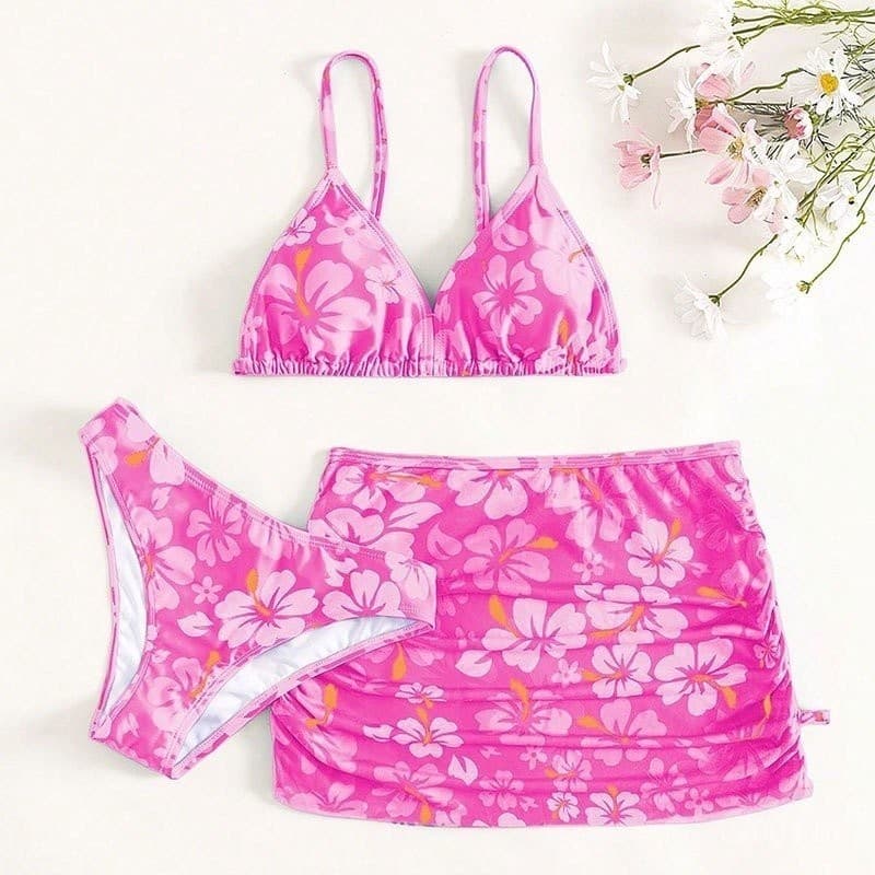 6-16 Anos Unpaddled 3 Pcs Biquíni Floral Biquíni Maiô Verão Crianças Maiôs