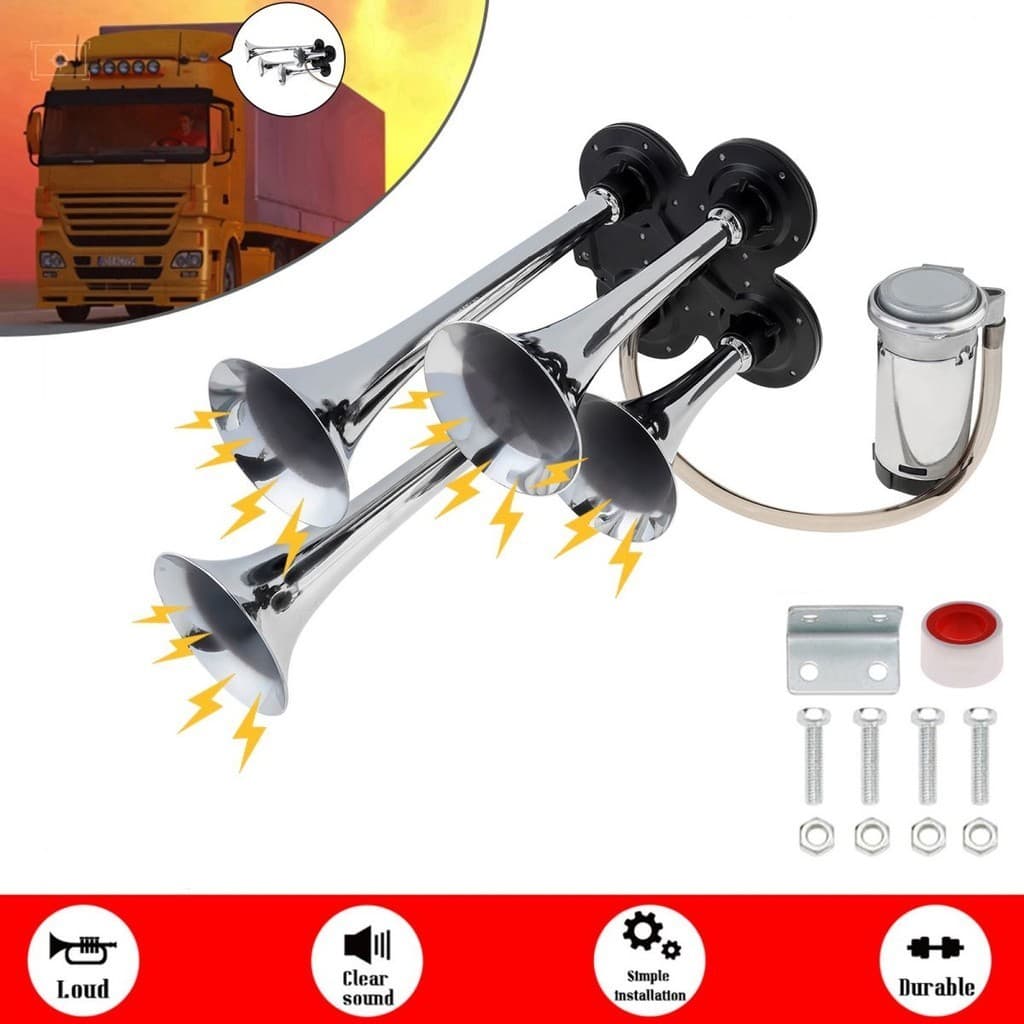 12V 185db Super Alto 4 Trompete Buzina De Ar Prata/Preto Com Compressor Para Carros Caminhões Karts Motocicletas Scooter