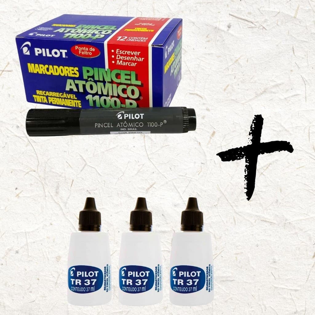 KIT 12 PINCEL ATOMICO 1100-P PILOT PRETO + 3 TINTAS REABASTECEDOR PRETA PILOT ARTISTICO/PROFISSIONAL