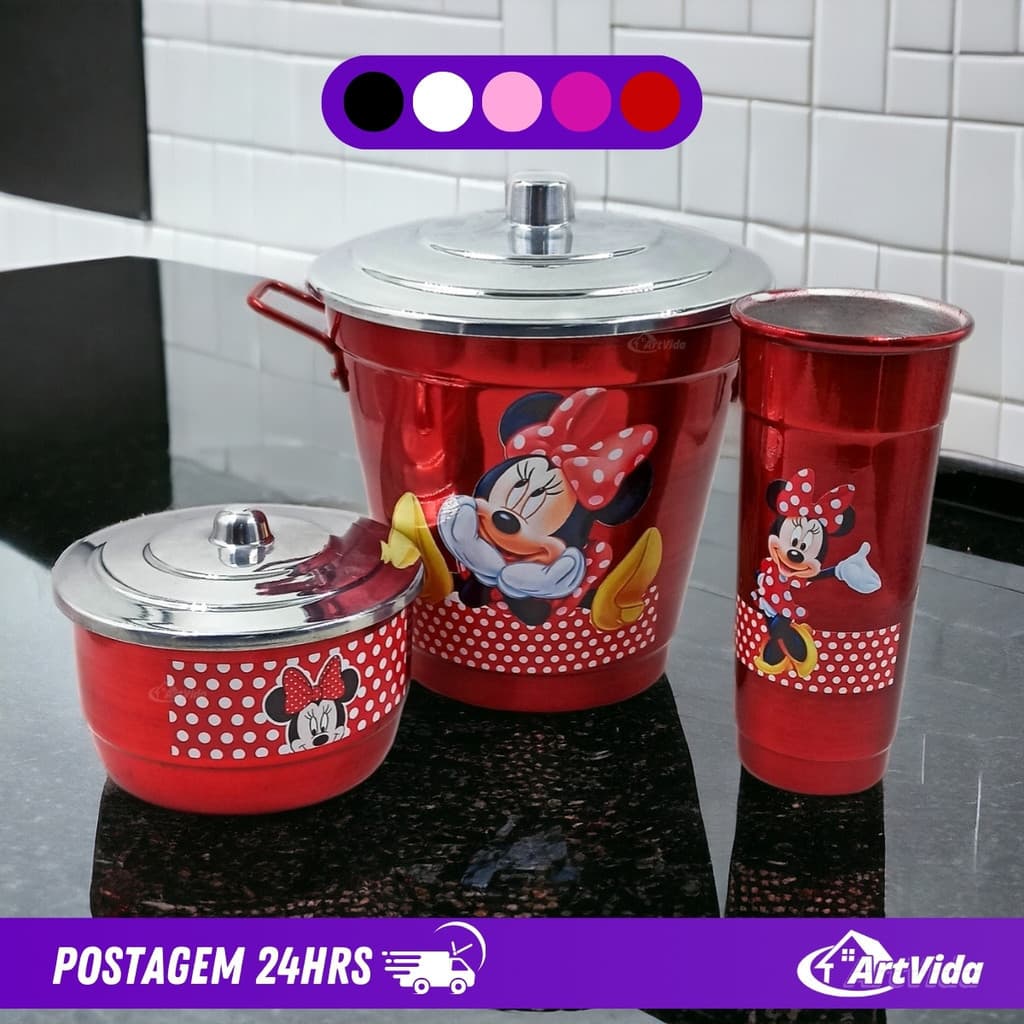 Kit de Pia com Porta Sabão, Detergente e Lixo Mickey e Minnie Vermelho Preto Branco Rosa - ArtVida