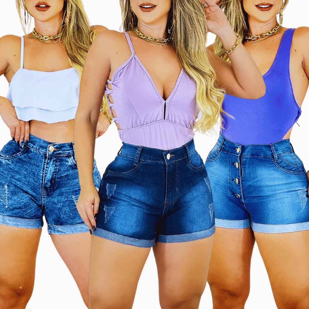 Kit 3 Short Feminino Jeans Lycra Barra Dobrada Lisa Cintura Alta Modela Bumbum Blogueira