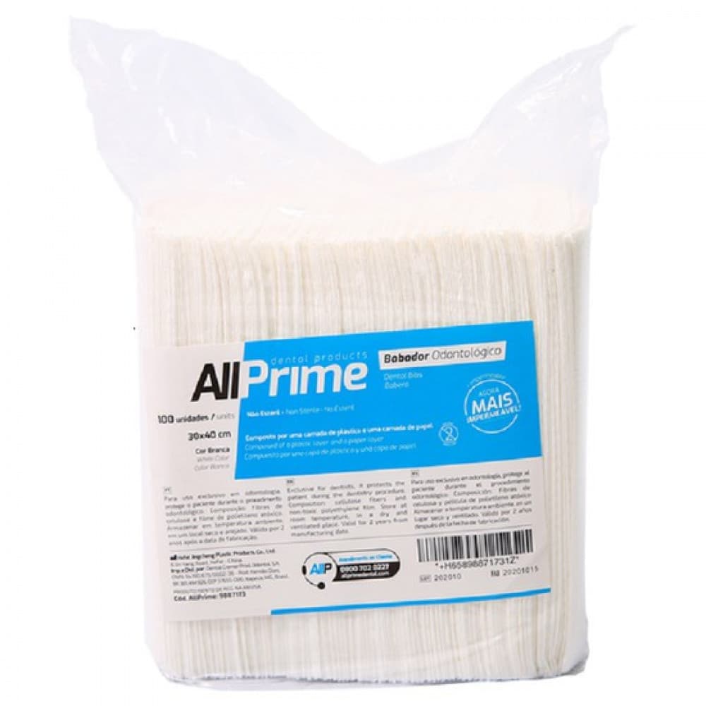 Babador Impermeável - AllPrime, com 100 unidades, Branco ou Sortido. 30cmx40cm
