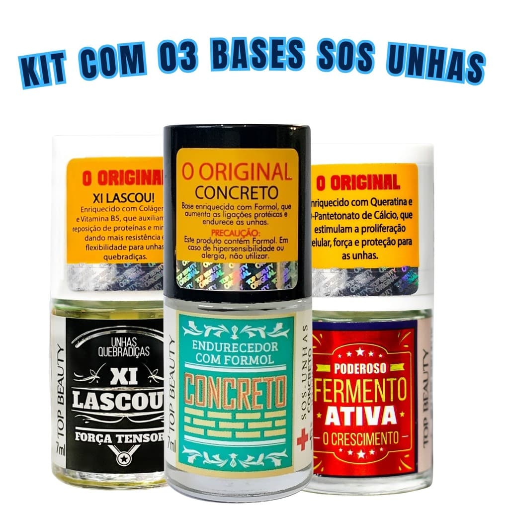 Kit com 03 Bases Tratamento Sos Unhas Top Beauty Concreto + Fermento + Xi lascou