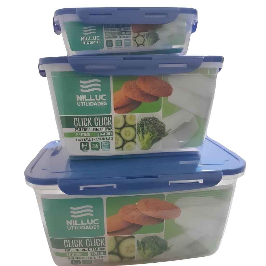 Conjunto de Potes Pmg com Trava Incolor Tampa Azul Pmg 460Ml/850Ml/2.2L