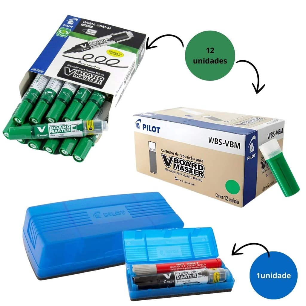 KIT 12 MARCADOR QUADRO BRANCO VERDE + 12 REFIS REPOSITOR + 1 APAGADOR PARA QUADRO BRANCO FLIPTOP