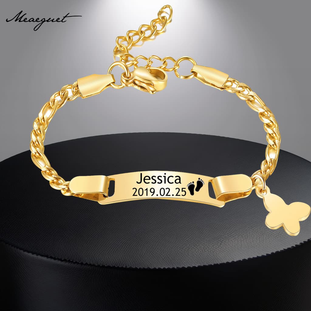 Pulseira Personalizada De Nome De Bebê Meaeguet Para Crianças , 14K De Encanto Com Borboleta Dourada