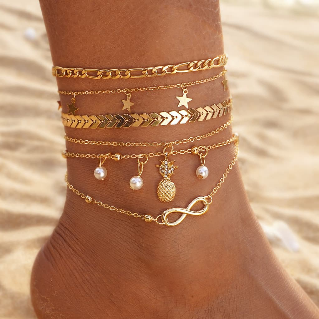 5 Tornozeleira Conjunto Para Mulheres Amor Coração Estrela Cor De Ouro Tornozeleira Pulseira Metal Perna Pé Jóias Feminino Praia Jóias