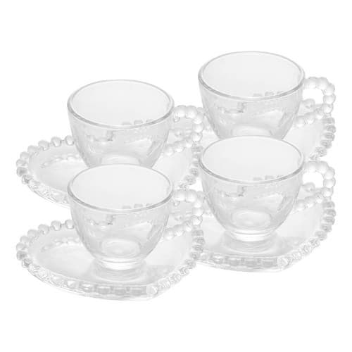 Jogo Kit 4 Xícaras Café 85ml de Vidro Com Pires Pequena Coração Cafezinho Chá Wolff
