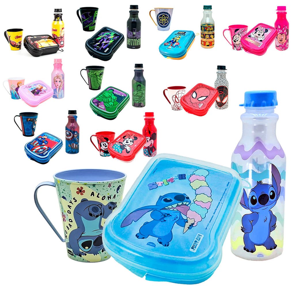 Kit Garrafinha Infantil 500ml Retrô, Caneca Infantil 360ml  e Sanduicheira infantil Plasútil