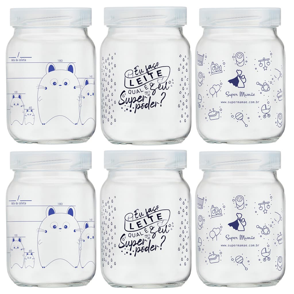 Kit 6 Potes Vidro Armazenar Leite Materno Decorados 360 Graduação 200ml