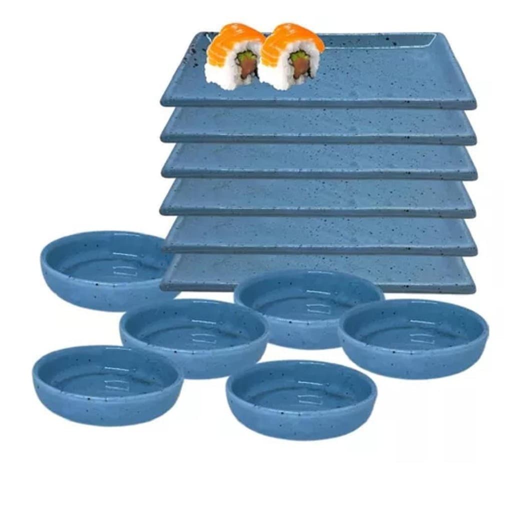 Kit 6 Travessas e 6 Molheira Sapporo Porcelana Azul Mesclado