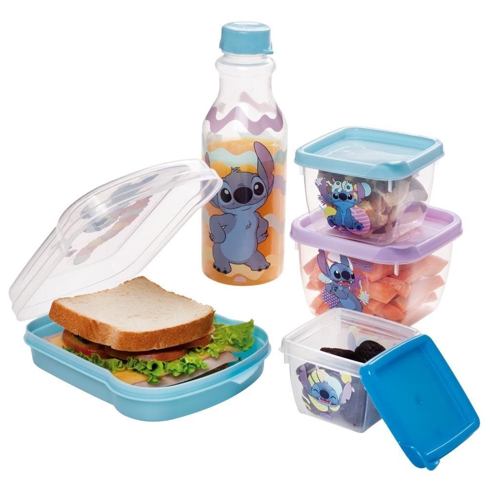 Kit Lancheira Stitch Volta às Aulas 3 Potes 1 Sanduicheira 1 Garrafa Plasútil