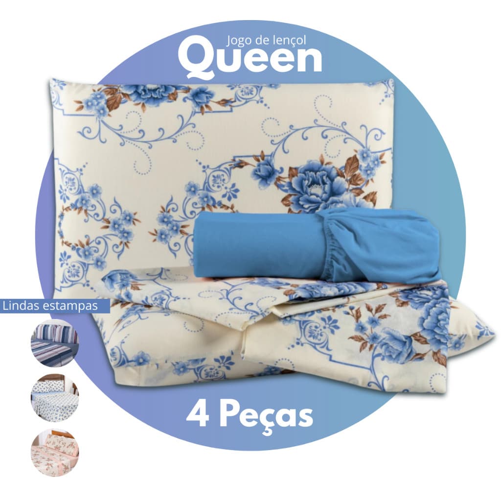 Jogo de Lençol Queen 4 Peças Microfibra Estampado - Antialérgico Size Cama Kit