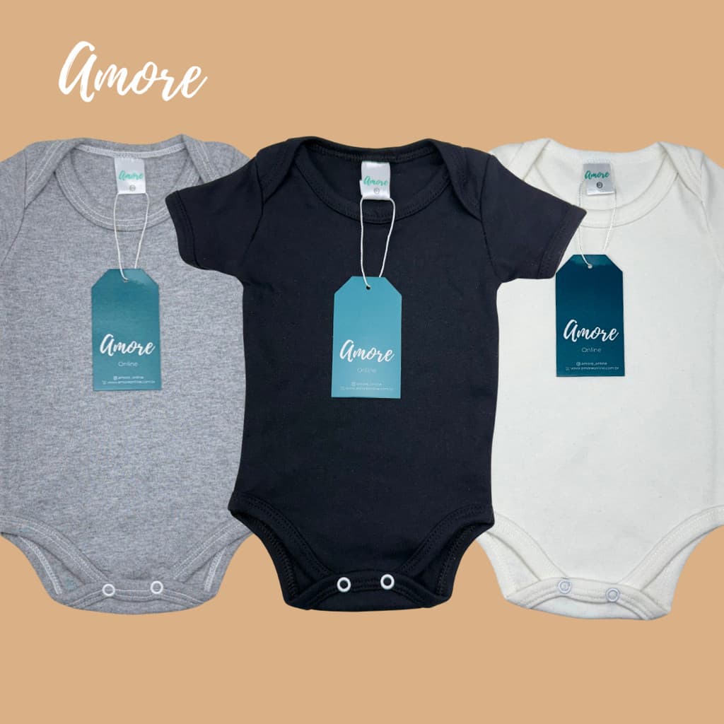 Kit 3 Bodys bebê Minimalista Amore 100% Algodão