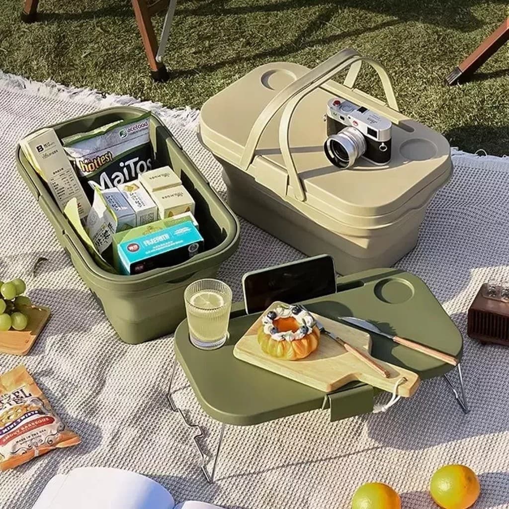 Cesto Multiuso 2 em 1 C/ Mesa Dobrável Piquenique Passeio Camping Picnic