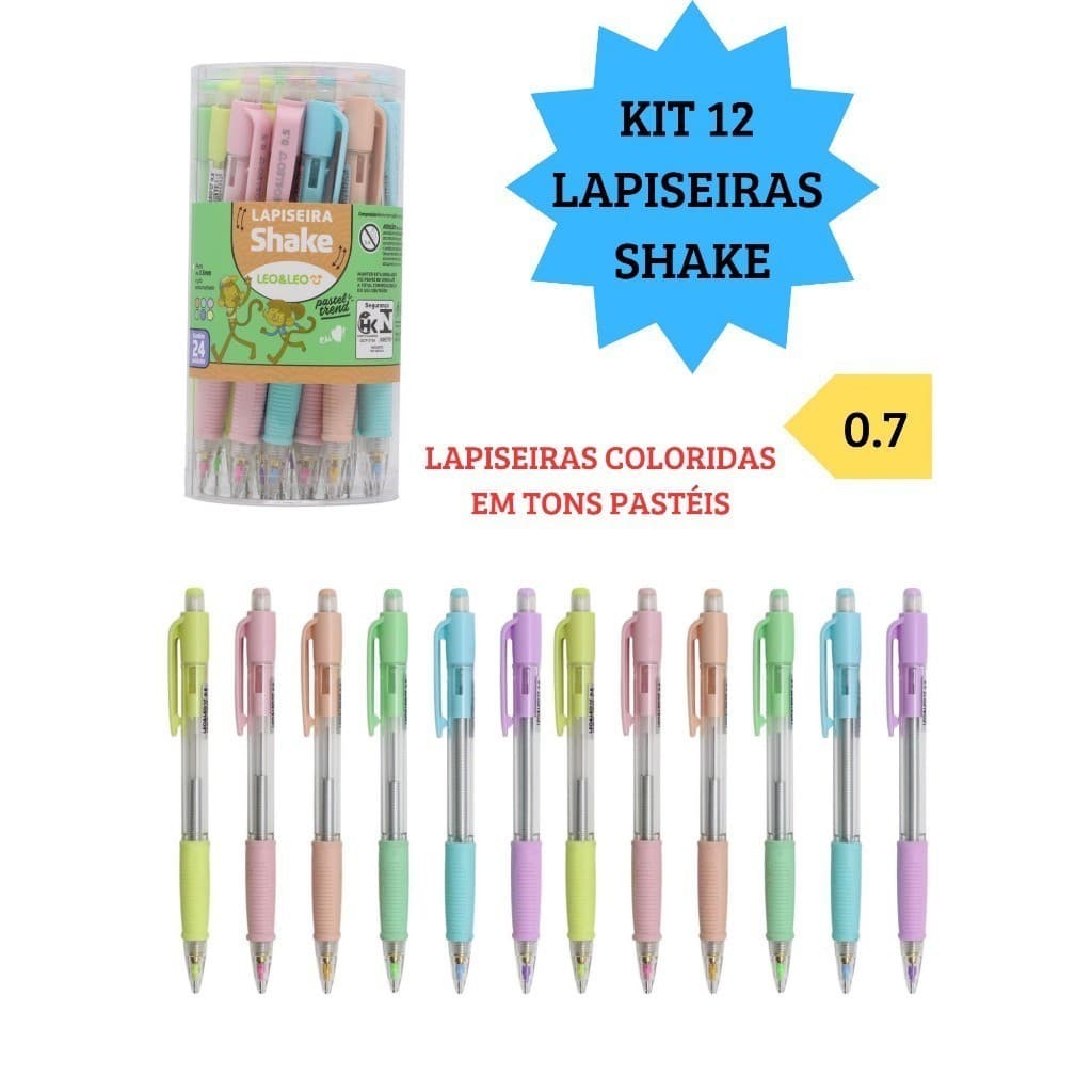Kit 12 Lapiseiras Shake 0,7mm Tom Pastel com Borracha Leo&Leo