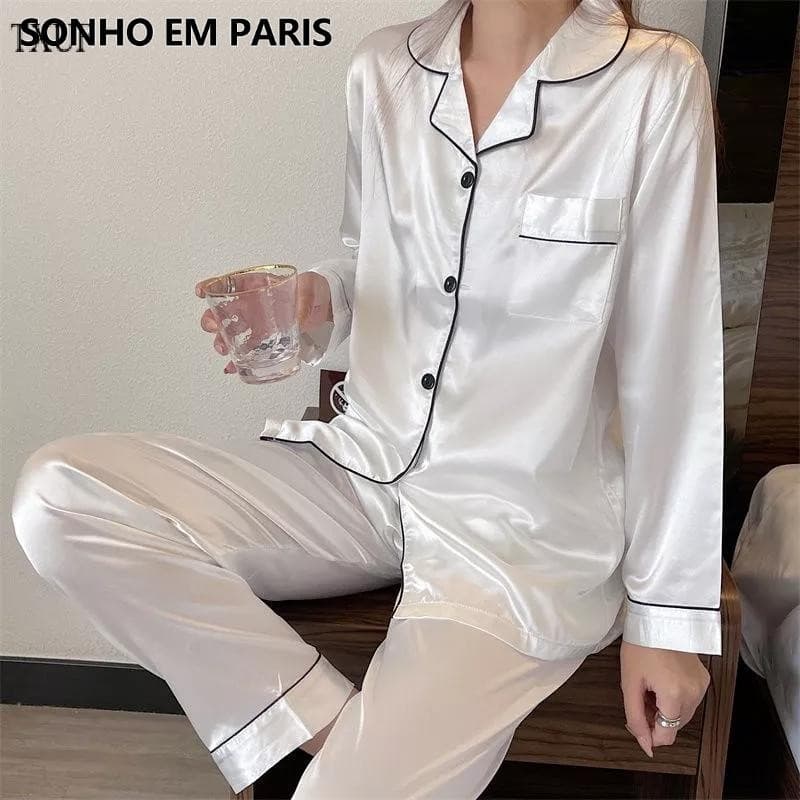 Pijama De Manga Comprida De Seda Feminina NP74