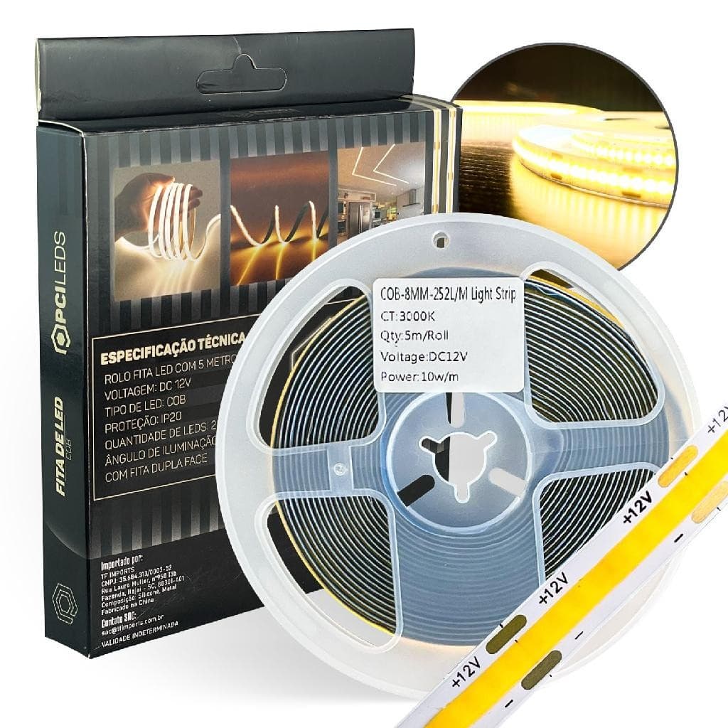 Fita de Led COB Branco Quente 12V 5 Metros 252L/M IP20