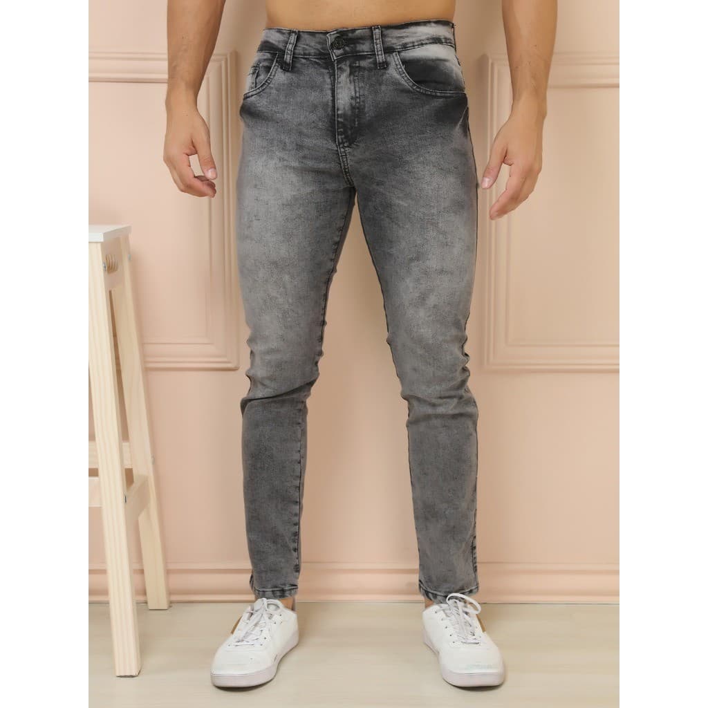 Calça jeans cinza lavada manchada slim TOP