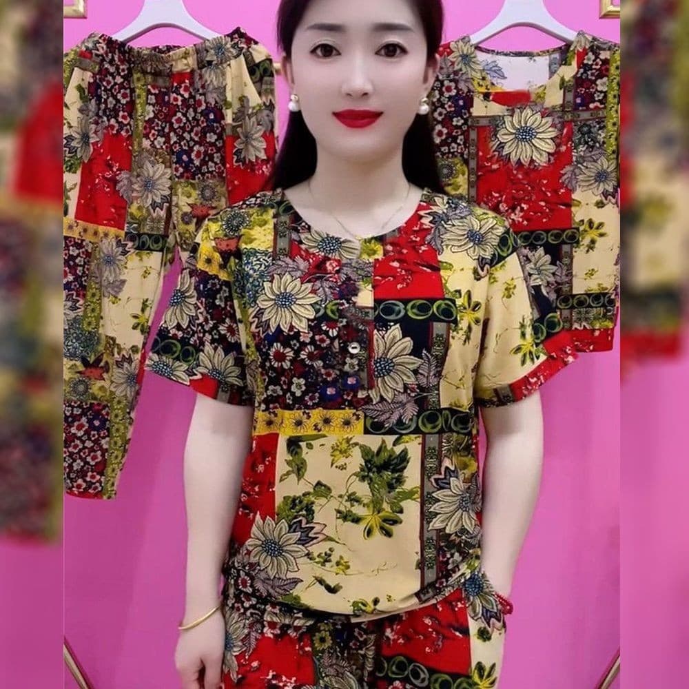 Terno mãe de duas peças verão meia-idade idosos moda gelo seda solta confortável tamanho grande um conjunto inteiro F
