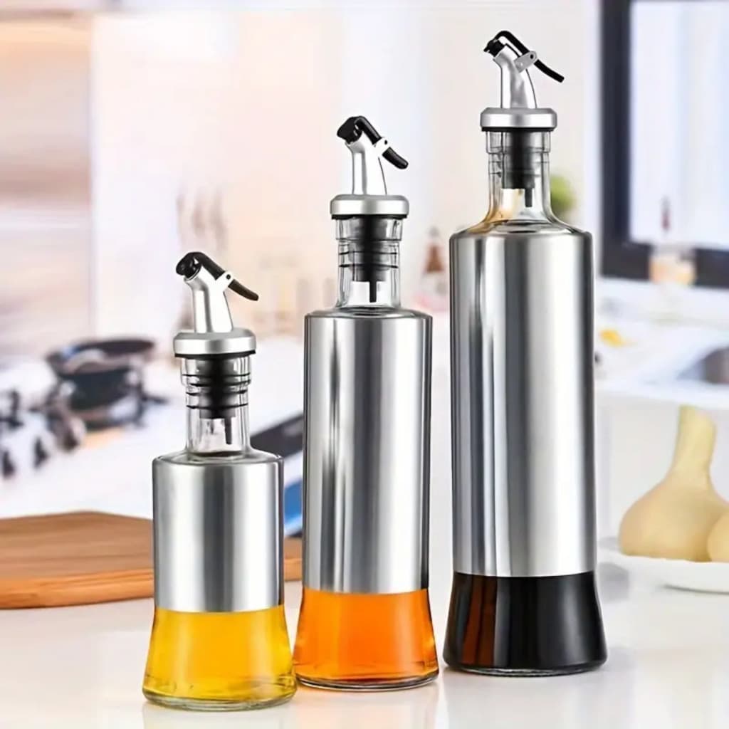 Galheteiros 200/300/500 ML Porta Azeite e Vinagre de Vidro Premium e Aço Inox com Dosador