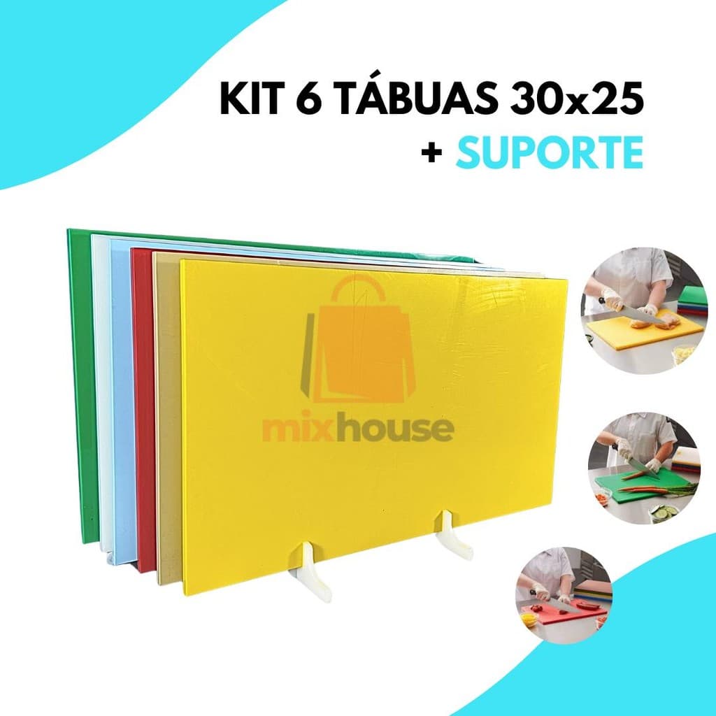Kit De 6 Tábuas De Corte Profissional Polietileno 30x25 8MM Antibacteriana Carnes Legumes Peixes Pao