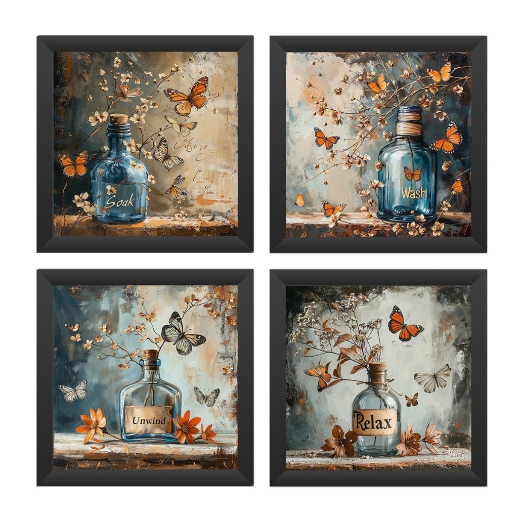 Quadro Decorativo Flores, Vasos, Borboletas, Banheiro, Lavabo, Toalete Moderno Decoração Elegante Exclusivo Lançamento