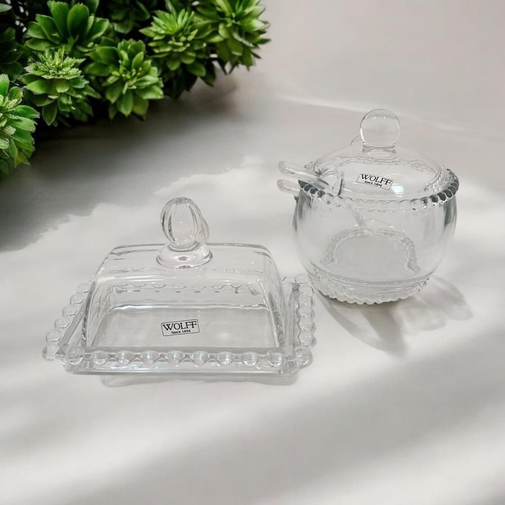 Kit Manteigueira Açucareiro Pearl Cristal WOLFF / Café, Chá, Queijo / Manteigueira / Jogo Conjunto