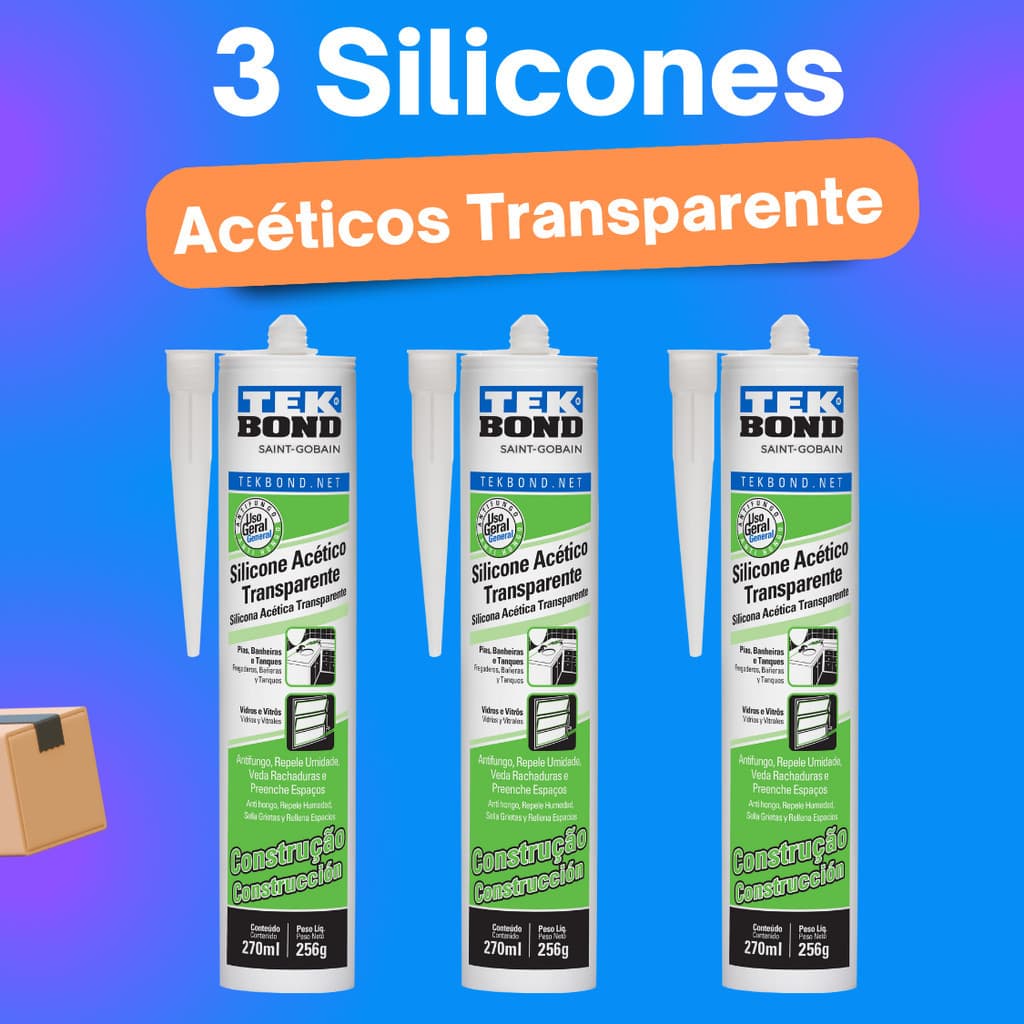 Kit com 3 unidades de Silicone Acético Transparente Incolor Tek Bond Construção 256g