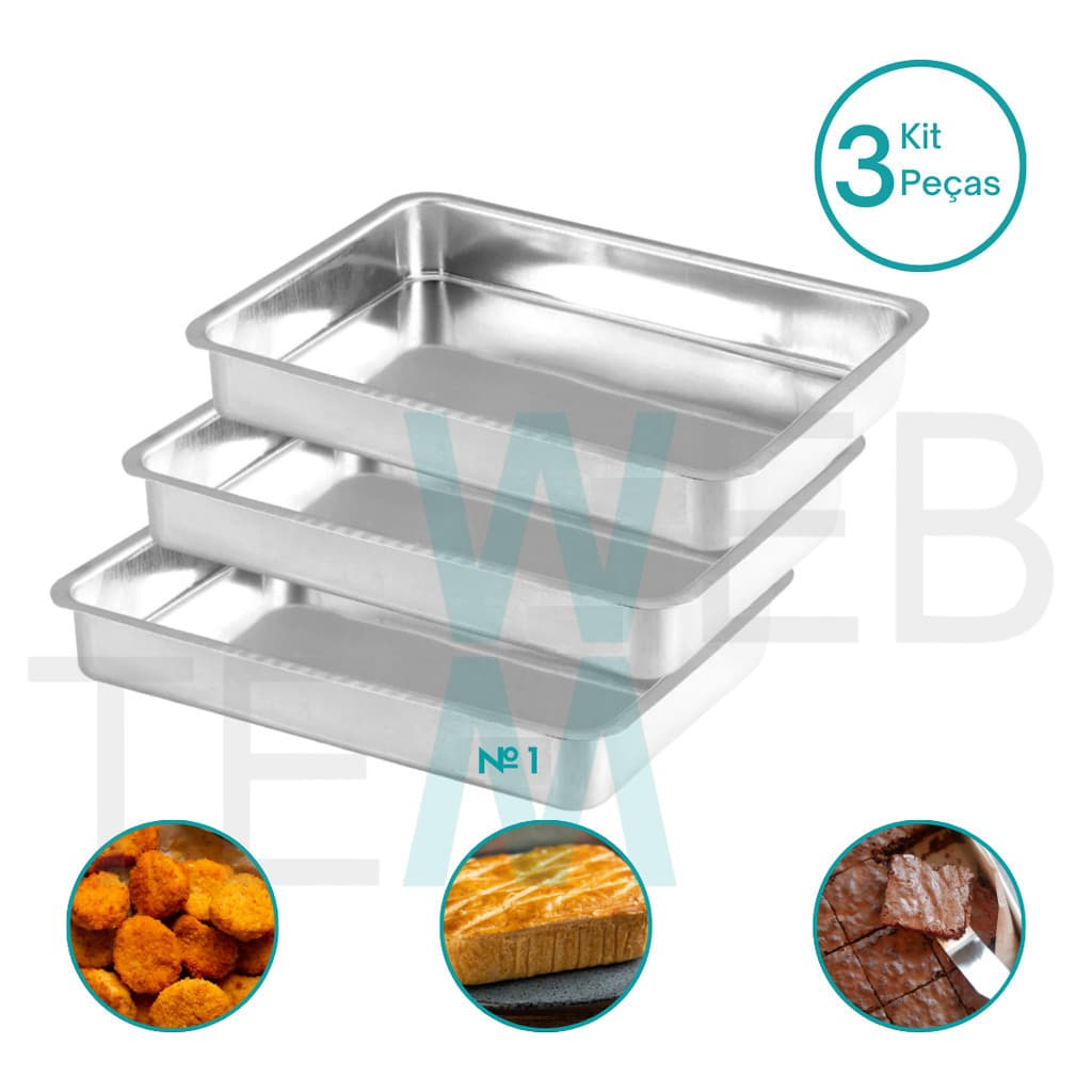Kit 3 Formas Assadeiras Retangulares Altas Nº1 27x18cm Alumínio Resistente e Durável