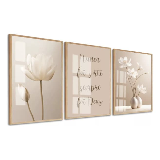 Quadro Trio Flores Bege Boho Frases Religioso