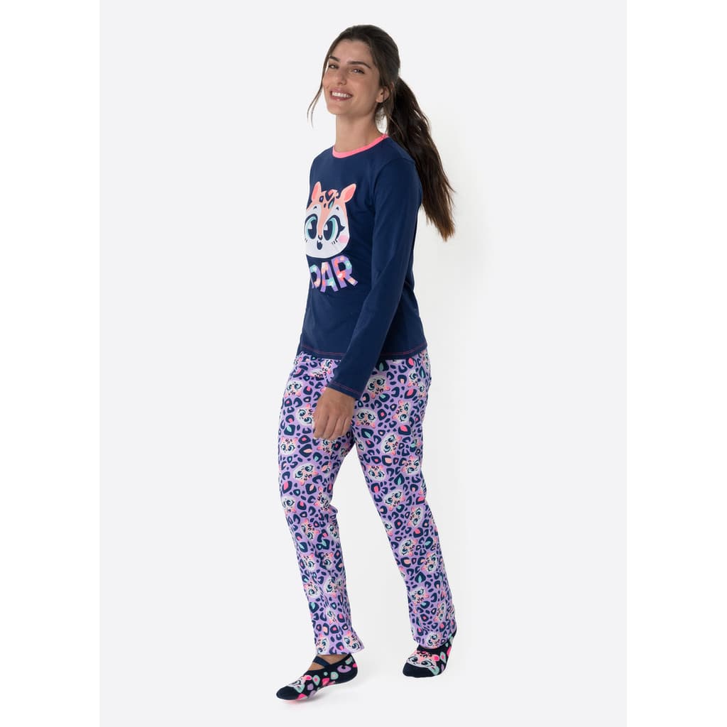 Pijama Manga Longa Algodão Feminino Onça - Puket