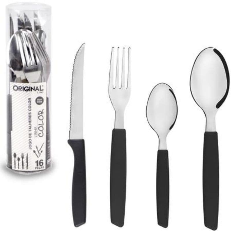 Jogo Talheres de Mesa 24 peças Garfo Faca Colher e Colher de Café Inox Preto ou Vermelho